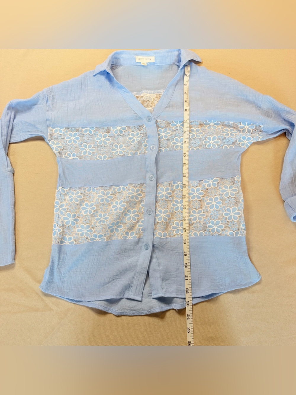 Light Blue Button-Down Women's Shirt with Floral Lace Insets - Picture 5 of 7